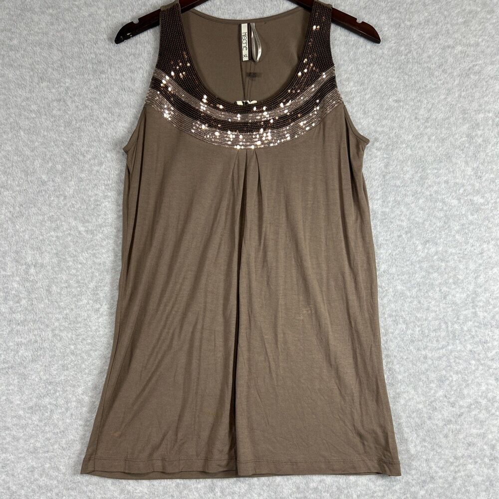 NWT - Kische Womens Sleeveless Shirt Tank Top Sequin Scoop Neckline Brown - XL